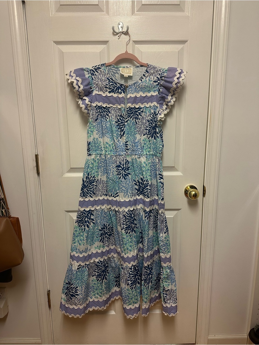 Sail to Sable STS Blue Floral Ric Rac Flutter Sleeve Tiered Midi Maxi Dress - S